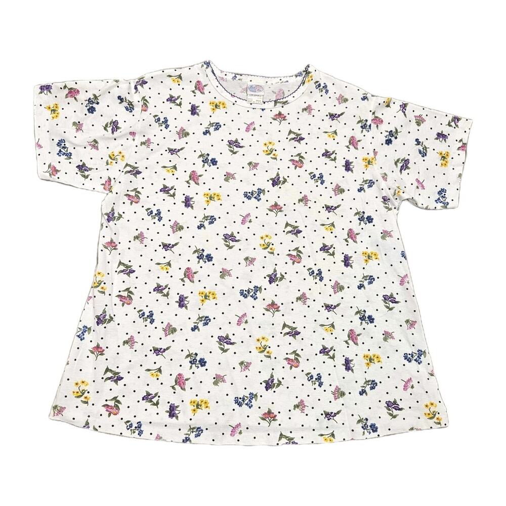 Vtg Land N Sea Floral Polka Dot Tshirt Womens M Cottagecore Artsy Retro 90s